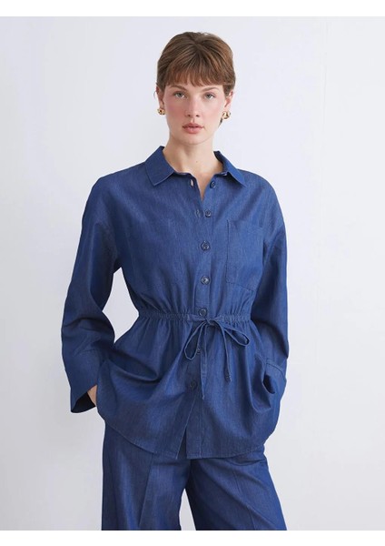 Indigo Beli Bağlamalı Kadın Jean Gömlek (W5)