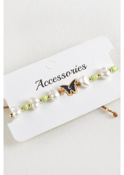 Kelebek Boncuk Inci Makrome Ip Bileklik