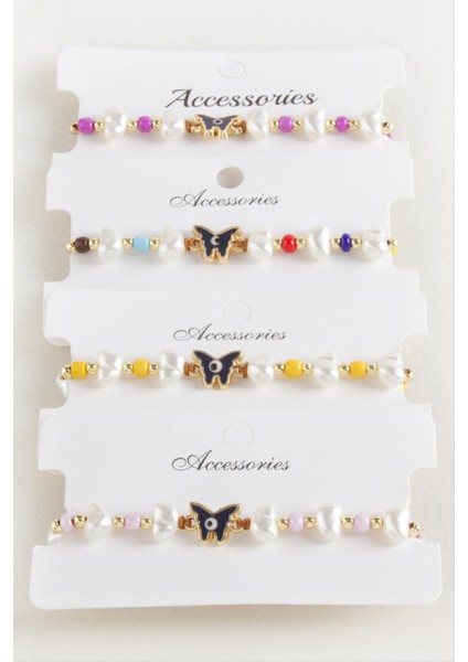 Kelebek Boncuk Inci Makrome Ip Bileklik