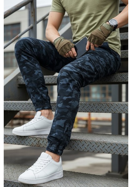 Lacivert Askeri Erkek Kamuflaj Pantolon - Paçası Lastikli Likralı Askeri Pantolon