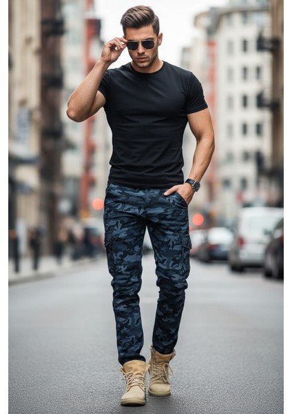 Lacivert Askeri Erkek Kamuflaj Pantolon - Paçası Lastikli Likralı Askeri Pantolon