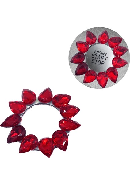 Kristal Damla Taşlı Start Stop Düğme Halkası Kırmızı