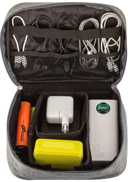 Livx Fermuarlı Elektronik Aksesuar Düzenleyici Çanta Organizer Kablo Düzenleyici Gadget Çanta Cırt Cırt Kemerli Su Geçirmez Boyun Askılı Aksesuar Çantası Gri SRF11-01