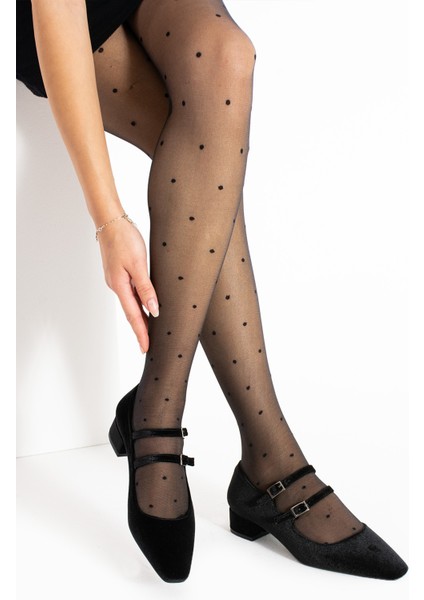 Zoe Siyah Kadife Renkli Çift Tokalı Küt Burunlu Kadın Kalın Topuklu Ayakkabı fiyatları