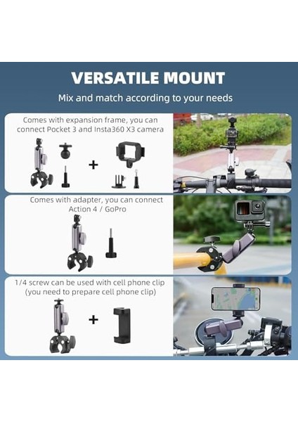 Kamera Bisiklet ve Motosiklet Gidon Montaj, Alüminyum Alaşımlı Kelepçe, 360°, ile Uyumlu X5 X4 X3 Ace Pro Go 3s, Djı Osmo 2 Mobile 7p Action 5 Pro 4 3 ile Uyumlu, Mm1, Gri modelleri