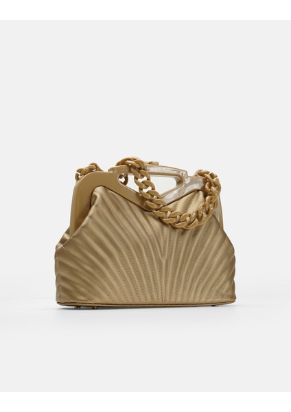 Bag Vivid Chain Gold Altın Suni Deri Zincir Askılı Klips Kapamalı Kadın El ve Omuz Çantası