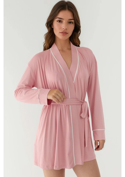 Kadın Ekstra Yumuşak Kuşaklı Örme Sabahlık Pink