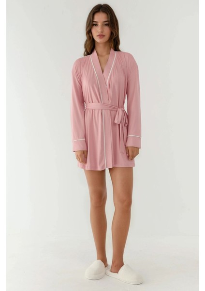 Kadın Ekstra Yumuşak Kuşaklı Örme Sabahlık Pink