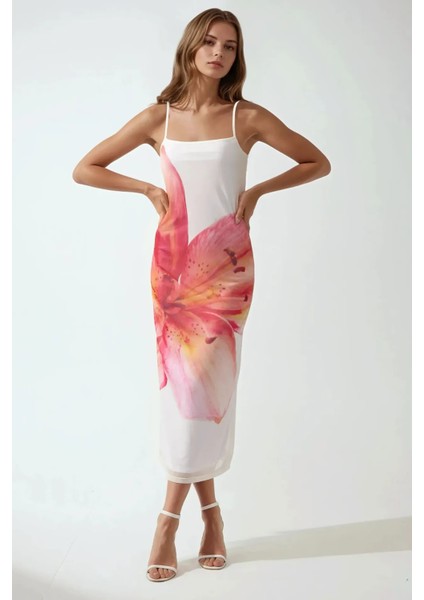 Kadın Kare Yaka Çiçek Desenli Bodycon Uzun Elbise Multicolor