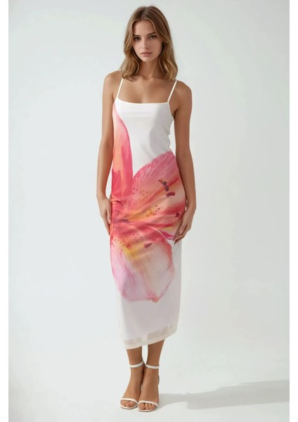 Kadın Kare Yaka Çiçek Desenli Bodycon Uzun Elbise Multicolor