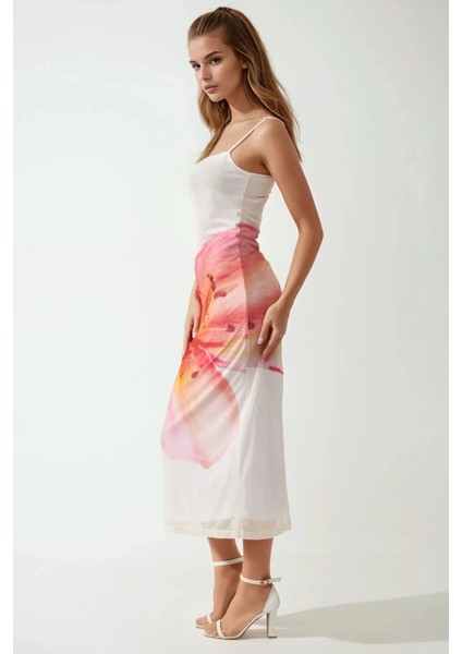 Kadın Kare Yaka Çiçek Desenli Bodycon Uzun Elbise Multicolor