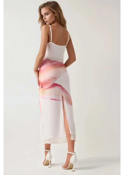 Kadın Kare Yaka Çiçek Desenli Bodycon Uzun Elbise Multicolor