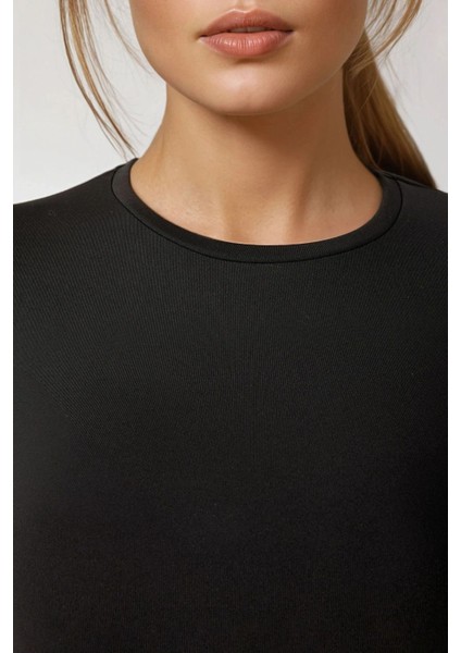 Kadın Uzun Kollu Yuvarlak Yaka Esnek Üst Black