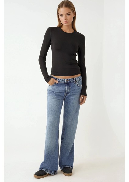 Kadın Uzun Kollu Yuvarlak Yaka Esnek Üst Black