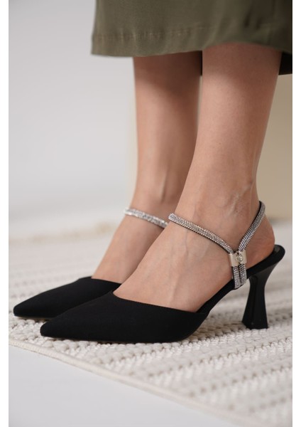 Georgina Kadın Taşlı Siyah Saten Topuklu Ayakkabı