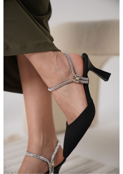 Georgina Kadın Taşlı Siyah Saten Topuklu Ayakkabı modelleri