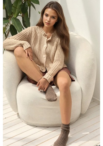 Kadın Dokulu Örme Yuvarlak Yaka Hırka Natural