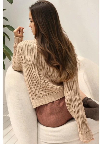 Kadın Dokulu Örme Yuvarlak Yaka Hırka Natural