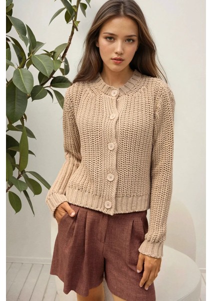 Kadın Dokulu Örme Yuvarlak Yaka Hırka Natural