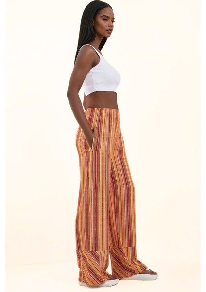 Kadın Wide Leg Çizgi Desenli Rahat Kesim Pantolon Orange