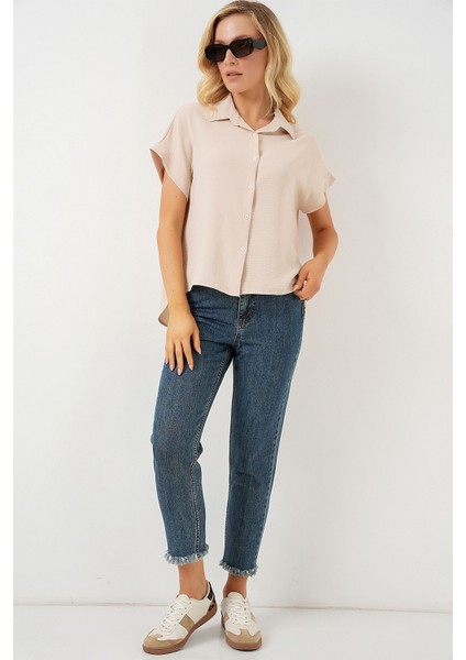 Kadın BDART Düğmeli Kapatmalı Bol Poplin Gömlek Natural