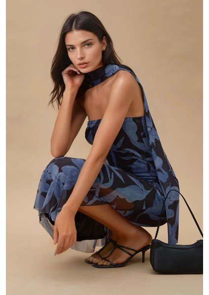 Kadın Straplez Çiçekli Midi Elbise Blue