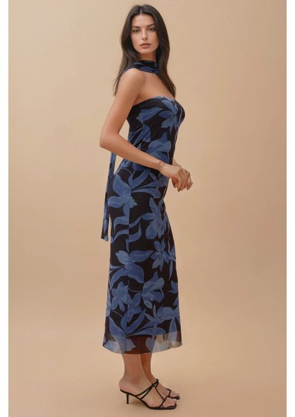 Kadın Straplez Çiçekli Midi Elbise Blue