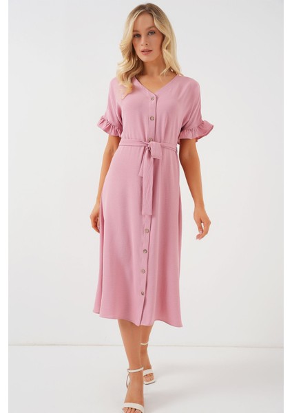 Kadın BDART Düğmeli V Yaka Midi Elbise Pink