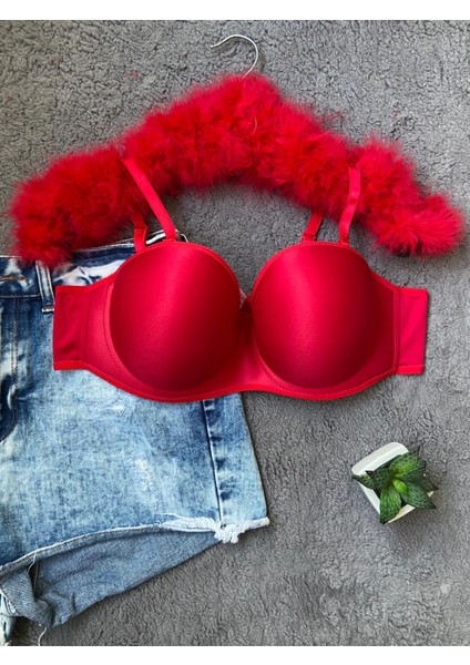 Kadın Toparlayıcı Balenli Desteksiz Straplez Sütyen Kırmızı modelleri
