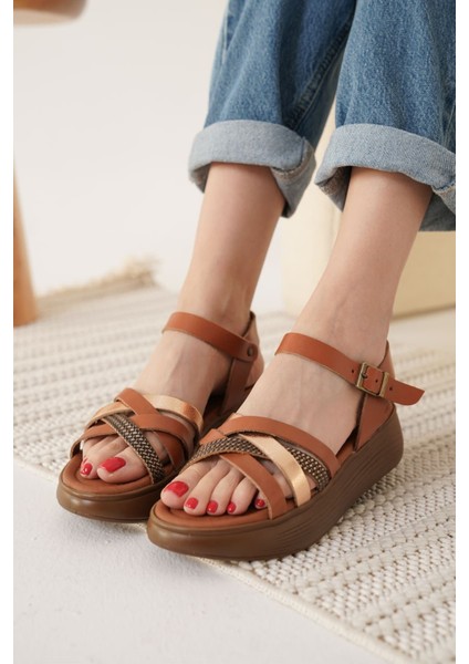 Herry Taba Altın Detaylı Hakiki Deri Sandalet