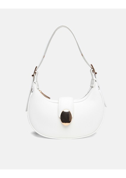 Bag Oval Charm Beyaz Suni Deri Fermuarlı Baget Kadın Omuz Çantası Gizli Gözlü Askılı