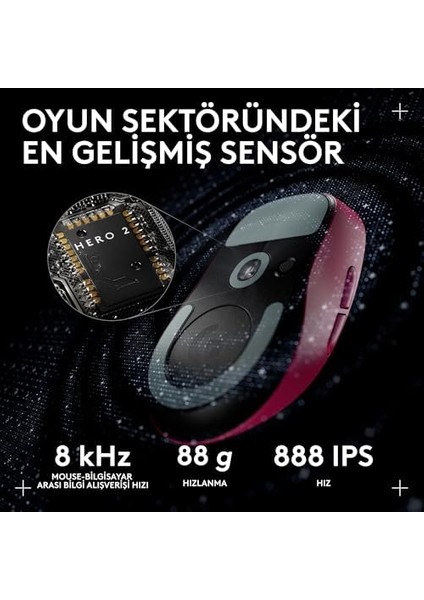 G Pro x Superlight 2c Kablosuz Oyuncu Mouse, Hafif, Hero 2 Sensör, 32.000, Pembe modelleri