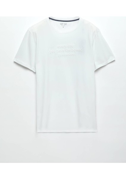 Beyaz Baskılı Bisiklet Yaka %100 Pamuk T-Shirt