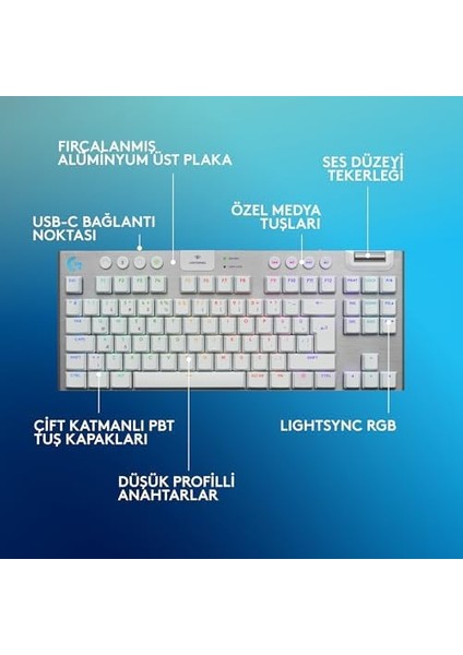 G G915 x Lıghtspeed Tkl Tactile Kablosuz Düşük Profilli Rgb Aydınlatmalı Pc/mac Için Mekanik Ingilizce Q Oyun Klavyesi, Beyaz modelleri