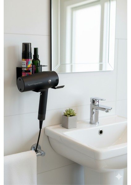 Metal Saç Kurutma Makinesi Tutacağı ve Banyo Rafı Fön Makinesi Askısı 15X15X20 cm