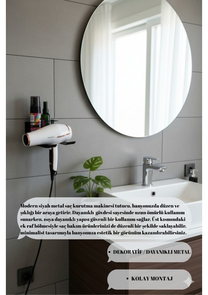 Metal Saç Kurutma Makinesi Tutacağı ve Banyo Rafı Fön Makinesi Askısı 15X15X20 cm fiyatları