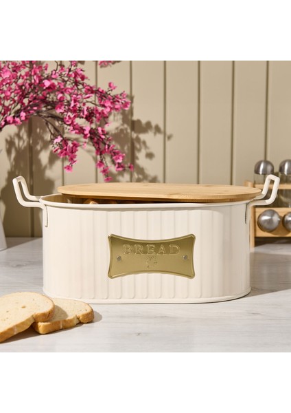 Ahşap Kesme Tahtalı Ekmek Kutusu - Krem - 33 cm