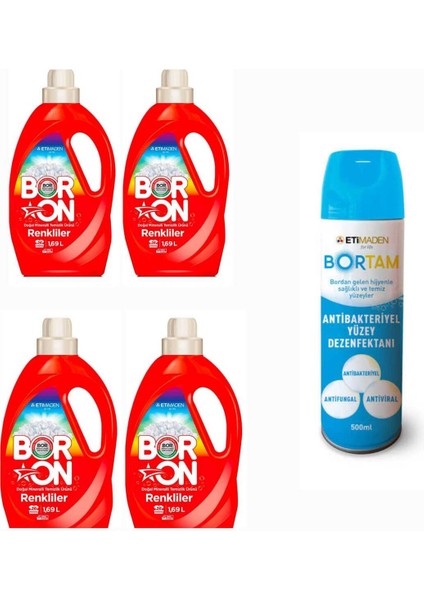 Doğal Sıvı Çamaşır Deterjanı Boron Renkliler 26*4 Yıkama+ Bortam Dezenfektan.