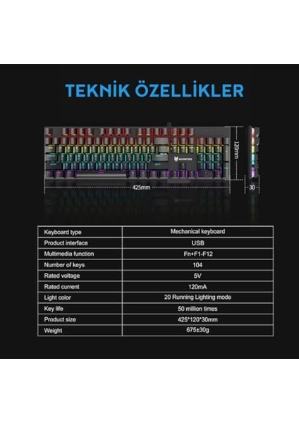 Katsuta Blue Switch Mekanik Gaming Oyuncu Klavyesi 11 Animasyonlu LED Işıklı fiyatları