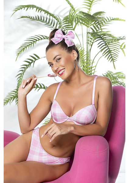 Ekose Desenli, Hafif Destekli, Sütyen ve Slip Külot Takım Pembe (MGP32081)