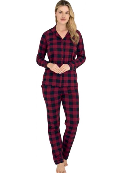 Kadın Kareli Önden Düğmeli Mürdüm Kışlık Pijama 9205