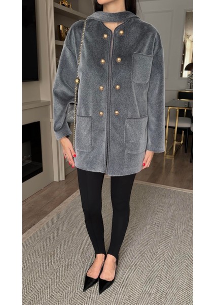 Gold Düğmeli Gri Kısa Kürk Ceket fırsatları