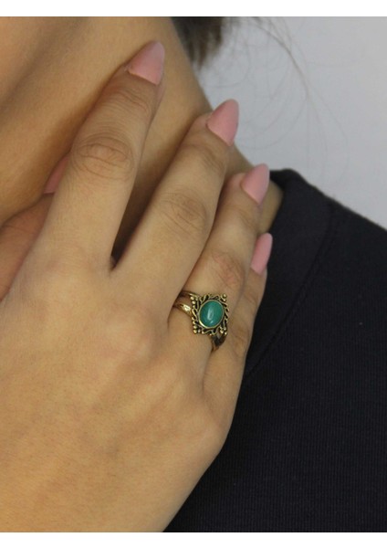 Doğal Taş Yeşil Akik Doğal Taşlı Antik Model Kadın Ayarlanabillir Yüzük EUY71YA