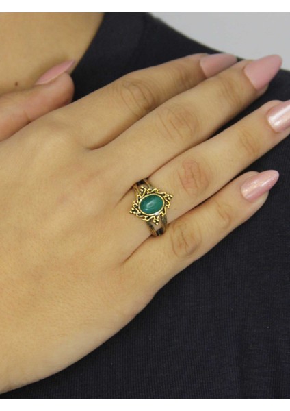 Doğal Taş Yeşil Akik Doğal Taşlı Antik Model Kadın Ayarlanabillir Yüzük EUY71YA fiyatları