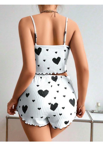 Pamuklu Beyaz Üstüne Siyah Kalp Desen Fitilli Askılı Şortlu Pijama Takımı fiyatları