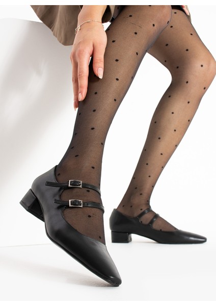 Zoe Siyah Renkli Çift Tokalı Küt Burunlu Kadın Kalın Topuklu Ayakkabı