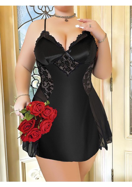 Büyük Beden Siyah Dantel Işlemeli Ince Askılı Saten Gecelik