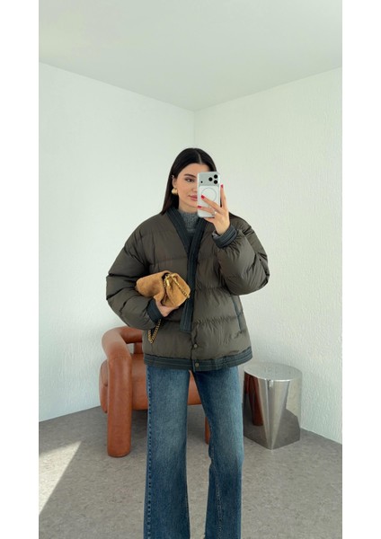 Kruvaze Haki Şişme Mont