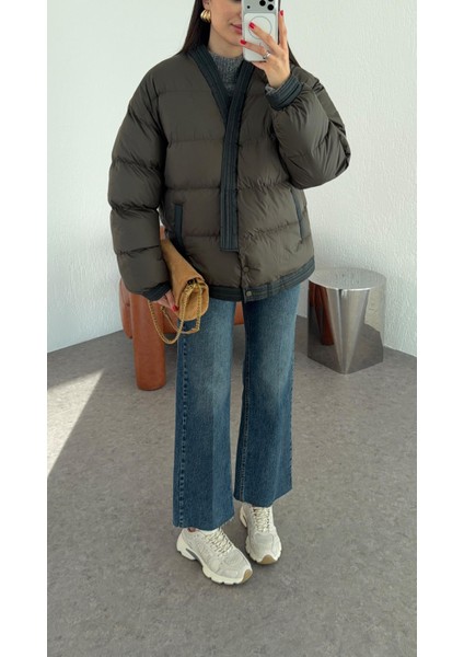 Kruvaze Haki Şişme Mont modelleri