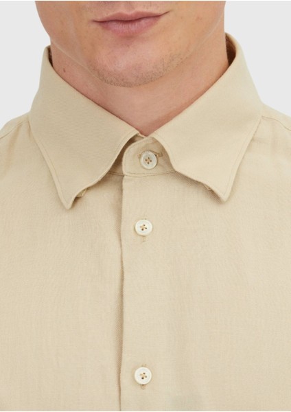 Bej Düz Loose Fit Dokuma Casual Yün Karışımlı Gömlek